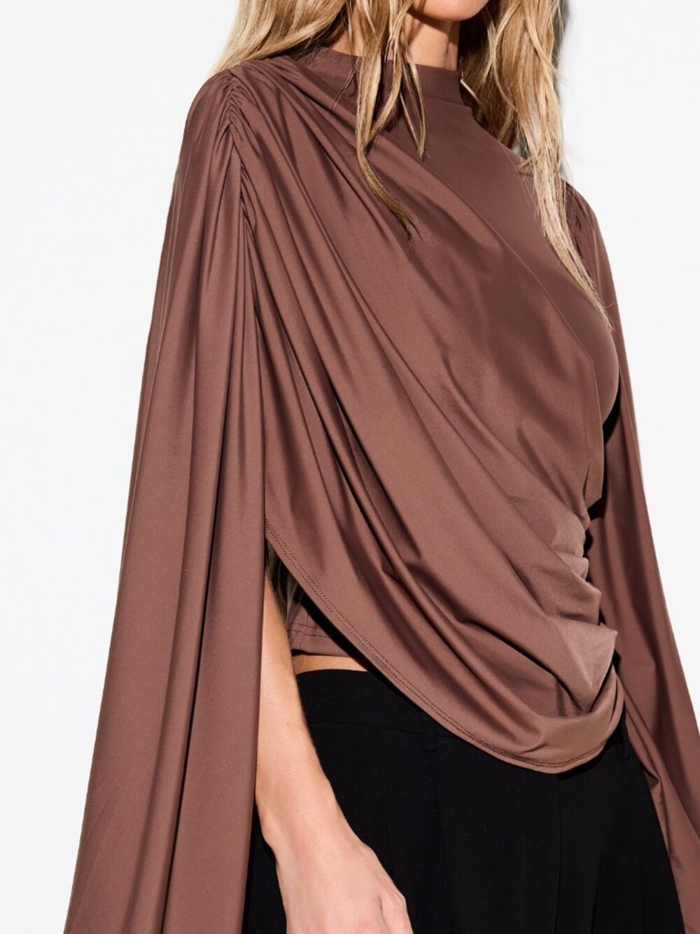 Brown Elegant Women's Draped High Neck Slim Fit Long Asymmetrical Blouse - Picture 4 of 5